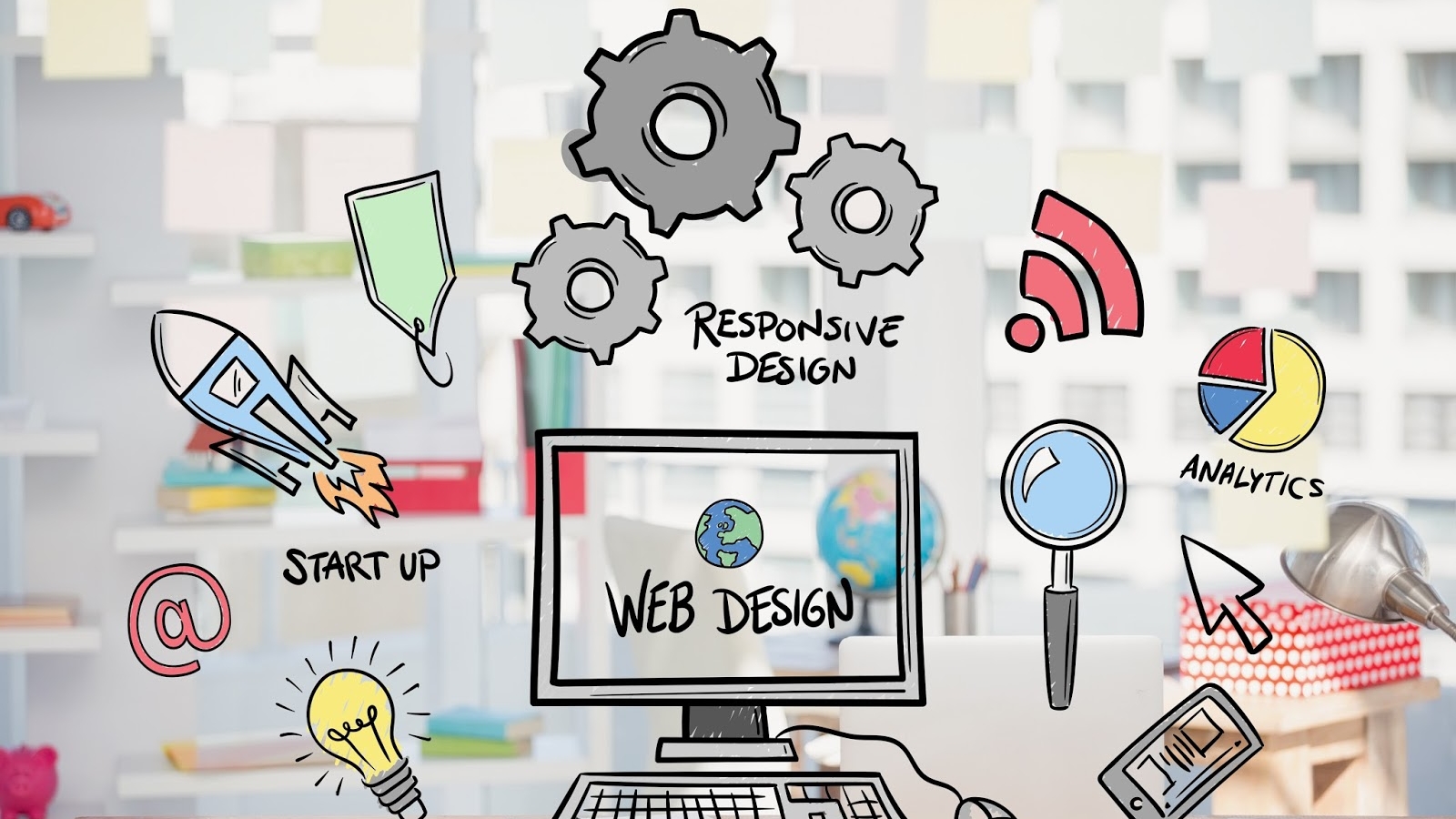 digital composite of business graphics with office background